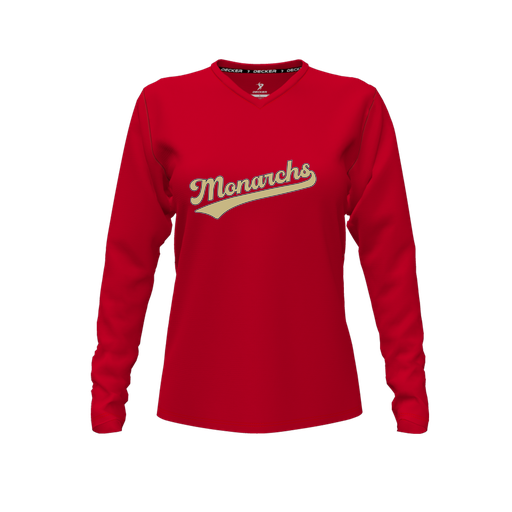 [CUS-DFW-TEES-CMF-VNK-LSL-RED-FYXS-LOGO1] Decker Comfort T-Shirt (Female Youth XS, Red, V Neck, Logo 1, Long Sleeve)